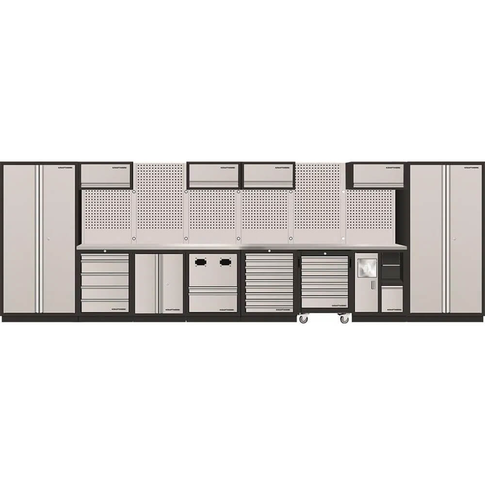 Werkstatt Schrankwand KRAFTWERK Mobilio, 8er, inklusive Edelstahlarbeitsplatte und Lochrückwand